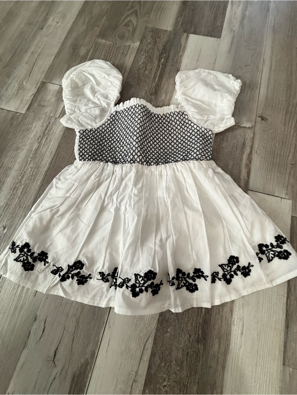 Janie and Jack White Dress with Black Smocked Bodice and Floral Hem